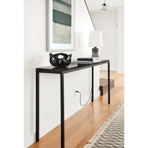 Room & Board, Modern Parsons 60W 12D 29h Console Table w/ 1x22 Leg, Smoke Tempered Glass Top w/ Gold Base