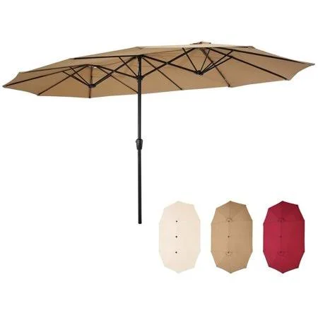 15 ft Patio Double Sided Umbrella - Outdoor Extra Large Market Umbrella with Crank Handle, Outdoor Patio Umbrella with Crank, Tau