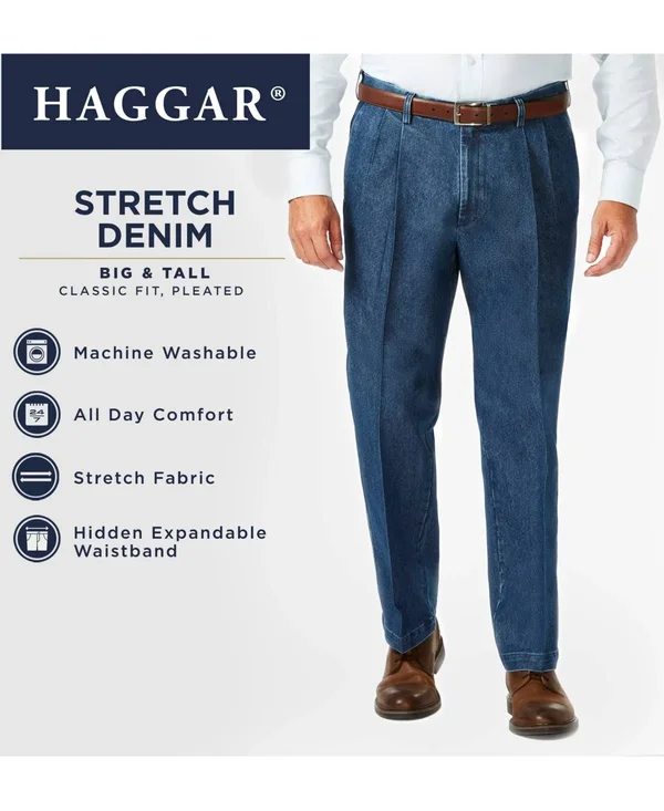 Haggar Men's Big & Tall Stretch Denim Classic-Fit Pleated Pants - Blue