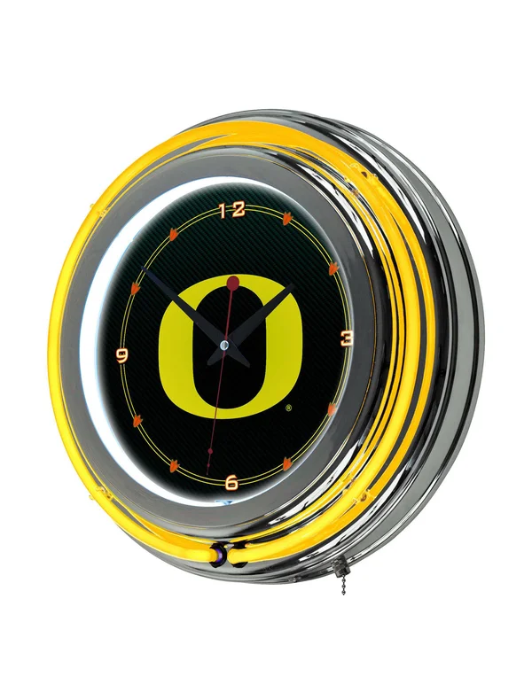 University of Oregon Chrome Double Rung Neon Clock - Carbon Fiber - 3 x 14.5 x 14.5 inches