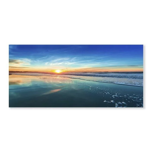 Designart &Blue Seashore with Distant Sunset & Seascape Canvas Art Print - Size: 60 inch x 28 inch