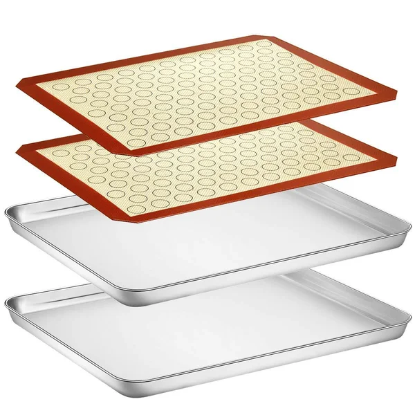 Baking Sheet with Silicone Mat Set - Yododo Set of 4 (2 Sheets + 2 Mats), Stainless Steel Cookie Sheet Baking Pan with Silicone B