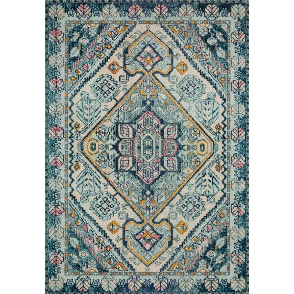 Alexander Home Vintage Boho Diamond Medallion Distressed Rug - 2&2x22 x 12& - Aqua/Pink