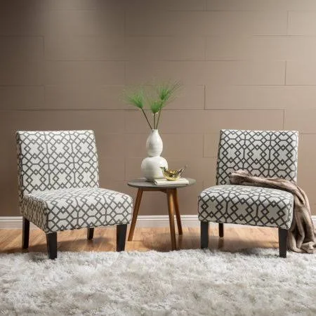 Noble House Kacey Contemporary Fabric Slipper Accent Chair (Set of 2), Gray Geometric Pattern and Matte Black