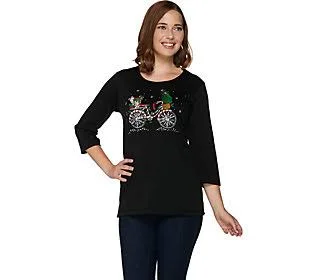 Quacker Factory Holiday Bicycle 3/4 SleeveT-Shirt - Size Medium, Black