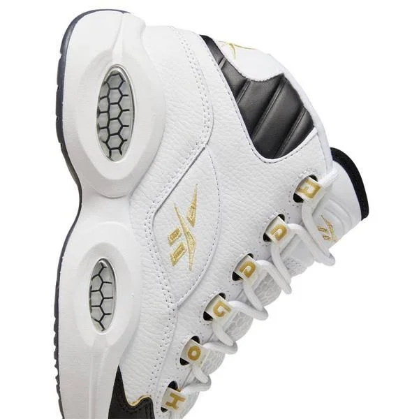 Reebok Question Mid White/Black/Gold Grade School Kids& Shoes, Size: 5.5