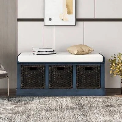 Rustic Storage Bench with 3 Removable Classic Fabric Basket - Entryway Bench Storage Bench with Removable Cushion August Grove C