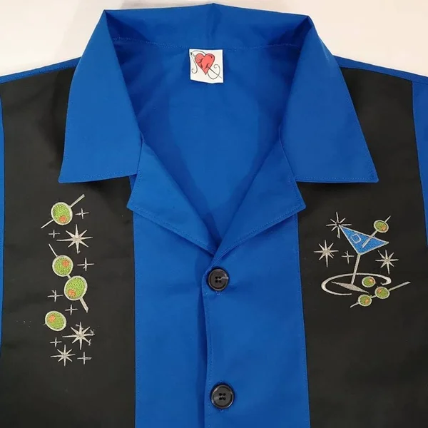 Mens Bowling Shirt, Cocktail, Martini, Lounge Lizard, Retro, Rockabilly, Embroidered