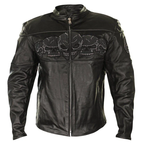 Xelement Bxu6050 Men's &3 Skull Head& Black Leather Motorcycle Jacket with X-Armor Protection - Black, Small