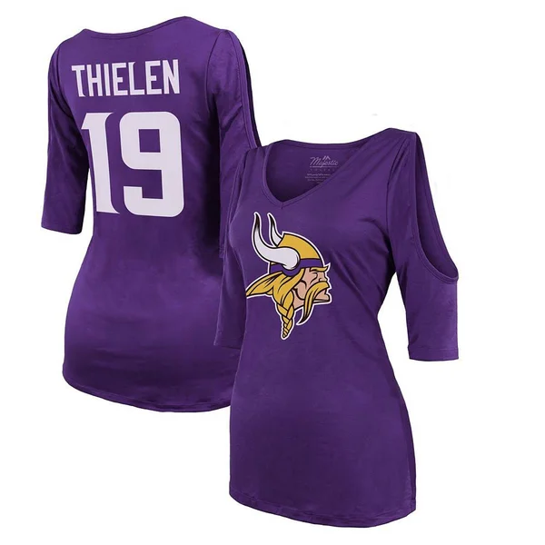 Adam Thielen Minnesota Vikings Majestic Threads Women's Player Name & Number Cold Shoulder Half-Sleeve V-Neck T-Shirt - Purp