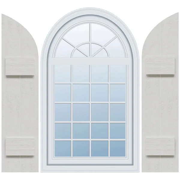 10 3/4x22W x 37x22H (26x22 Low Side) Rustic Two Board Joined Board-n-Batten Faux Wood Shutters w/Quarter Round Arch Top (Per Pai