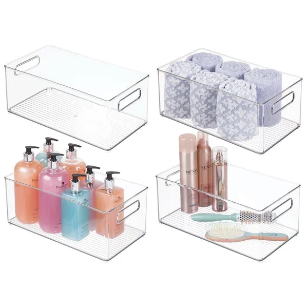 mDesign Plastic Bathroom Storage Bin Tote with Handles - 4 Pack - Clear