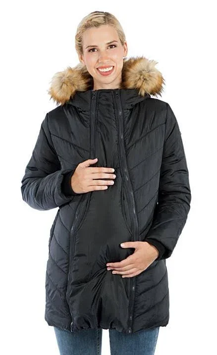 Women's Modern Eternity Faux Fur Trim Convertible Puffer 3-in-1 Maternity Jacket, Size Medium - Blue