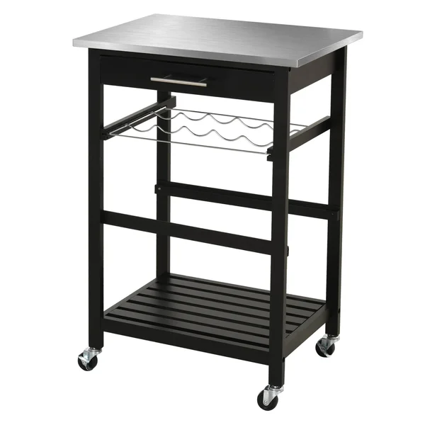 HOMCOM Kitchen Utility Cart Pine 3-Tier Multifunction Kitchen Rolling Island Cart with Open Storage Shelves Wine Rack & Stai