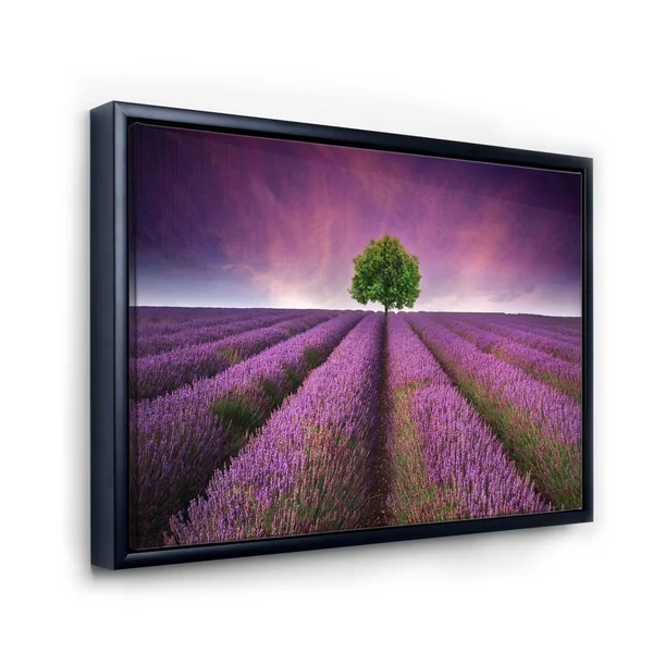 Designart 'Stunning Lavender Field Summer Sunset with Tree' Farmhouse Framed Canvas Wall Art Print - 40 in. Wide x 30 in. High