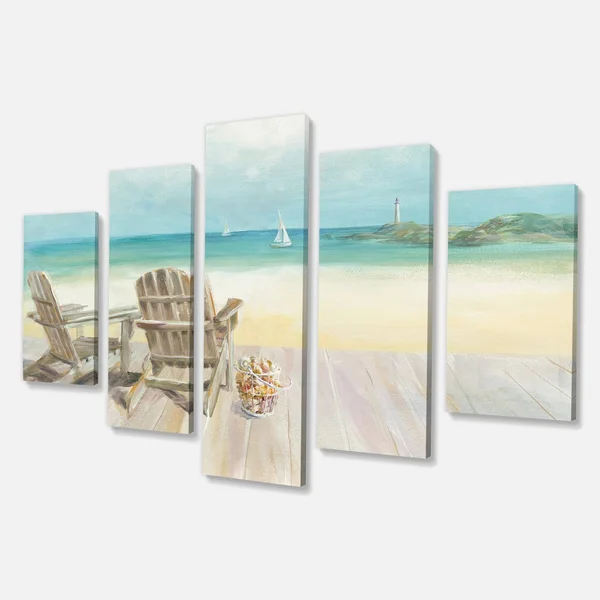 Designart 'Seaside Morning No Window' Coastal Gallery-Wrapped Canvas - 48 in. Wide x 28 in. High - 4 Panels