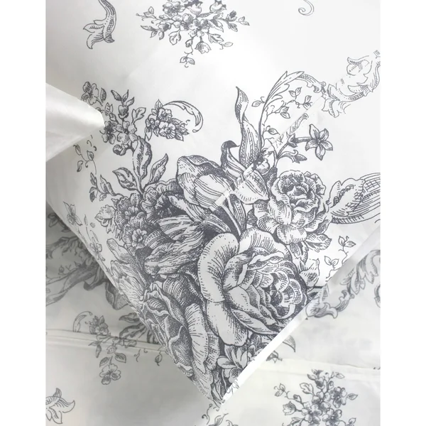 Melange Home Printed Design Cotton Collection 400 Thread Count Grey Toile Bed Sheet Set - California King - 4 Piece