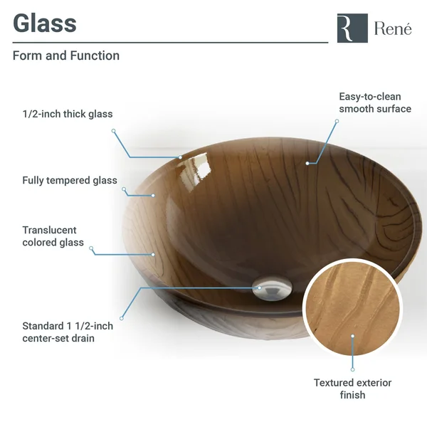 Rene R5-5025-R9-7006 16-5/8x22 Glass Vessel Bathroom Sink with Vessel Faucet Sink Beach Sand, Chrome