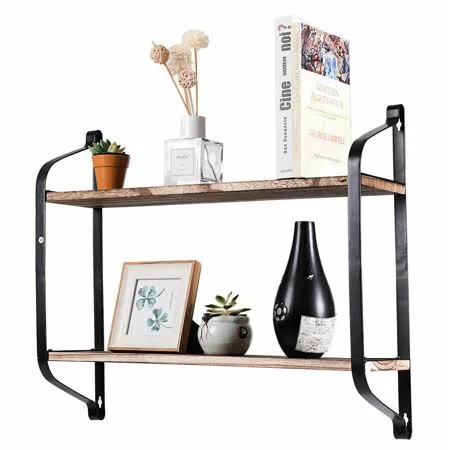 2Tier Rustic Wall Mounted Floating Shelves Industrial Wood Multi-Purpose Storage, Size: 23.5