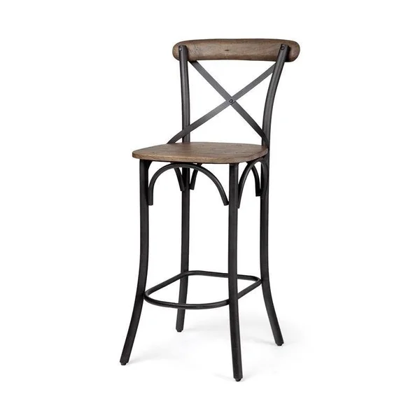 Maklaine 30x22 Seat Height Brown Wood Seat Black Metal Base Stool