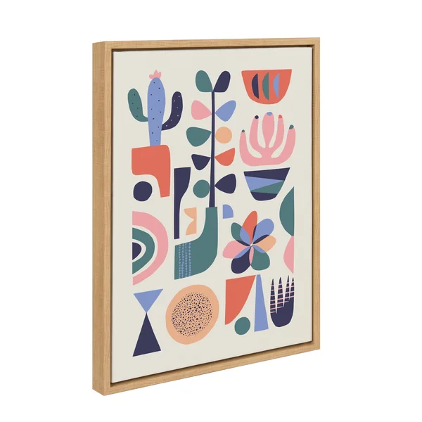 Kate and Laurel Sylvie Mid-Century Succulents Framed Canvas Wall Art by Rachel Lee, 18x24 Natural, Abstract Wall Decor