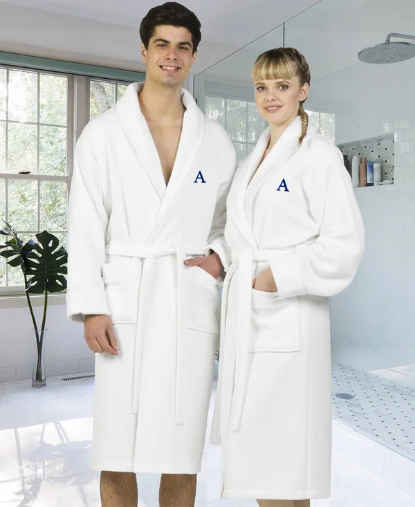 Linum Home Textiles Hotel Turkish Cotton Waffle Terry Bathrobe with Satin Piped Trim - Personalized - White Navy, Size: Small/Me