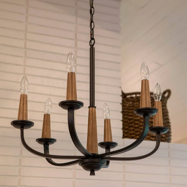 Decor Therapy Rotterdam 6-Light Black Metal and Wood Effect Pendant, 23.82 x 23.82 x 21.57 in