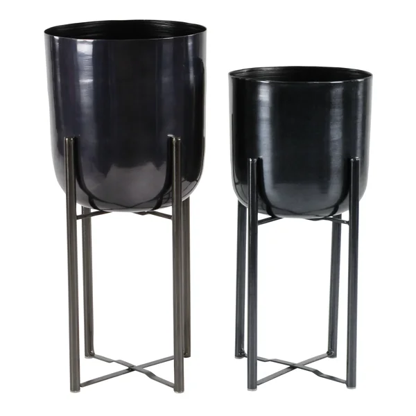 Large, Round Metal Planters with Stands, Set of 2 - Black