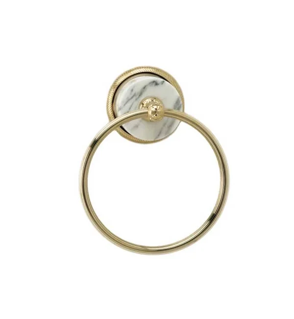 Phylrich Valencia 6 1/8x22 Wall Mount Towel Ring in Polished Brass Antiqued, Handles: White Marble, SKU: KMB40-007