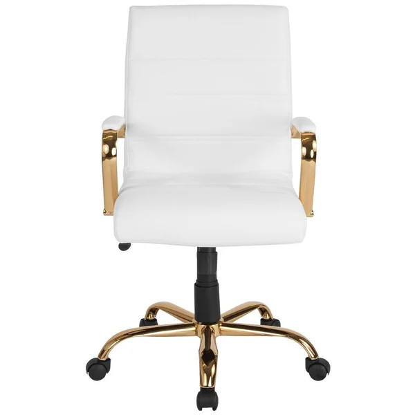 Flash Furniture Mid-Back Leather Executive Swivel Chair with Gold Frame and Arms, White