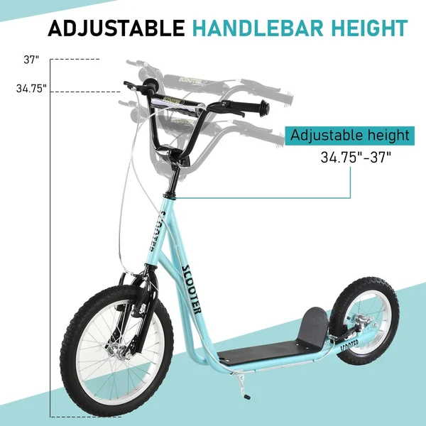 Aosom Teens Youth Scooter Ride on Toy with Adjustable Handlebar - Dual Brakes, and Inflatable Wheels for Kids 5+ (Blue)