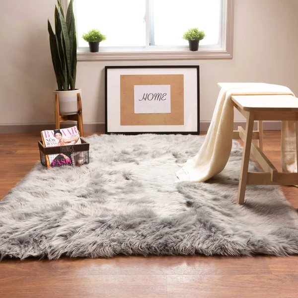 Super Area Rugs Soft Faux Sheepskin Fur Fluffy Area Rug - Gray, 8& x 10&