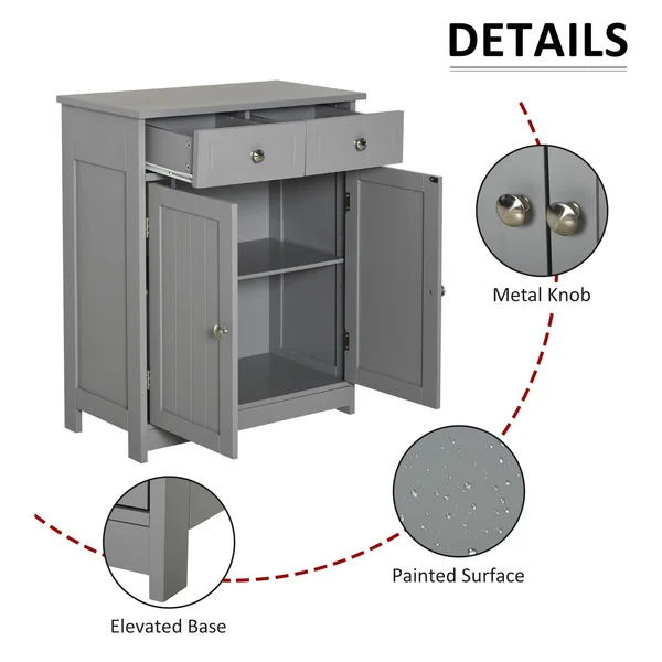 Kleankin Freestanding Bathroom Storage Cabinet Organizer Floor Tower with 2 DOOR - 2 Drawers, Adjustable Shelf, Grey