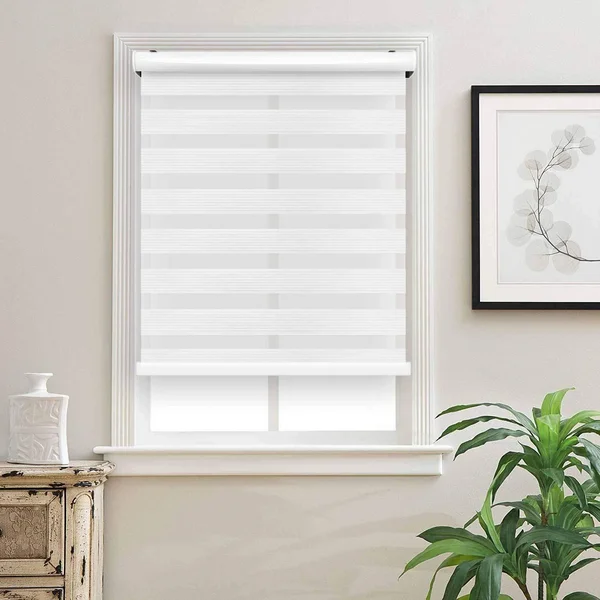 Biltek Cordless Zebra Roller Blinds Sheer Shades/Free-Stop Combi Blinds, Dual Layer, Sheer or Privacy - White, 39x22 W x 72x22 H