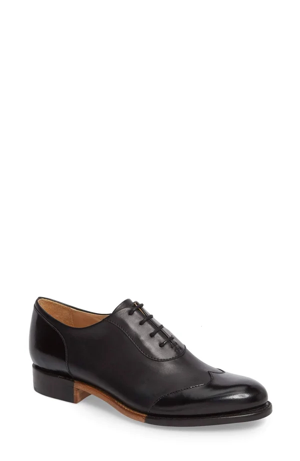 The Office of Angela Scott Women's Mr. Evans Wingtip Oxford in Black on Black Size 38.5 - Leather