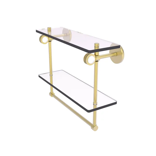 Clearview Collection Double Glass Vanity Shelf with Integrated Towel Bar with Dotted Accents - Satin Brass - 16 inch