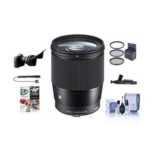 Sigma 16mm f/1.4 DC DN Contemporary Lens for Micro Four Thirds - Black - Bundle with 67mm Filter Kit, Flex Lens Shade, Cleaning K