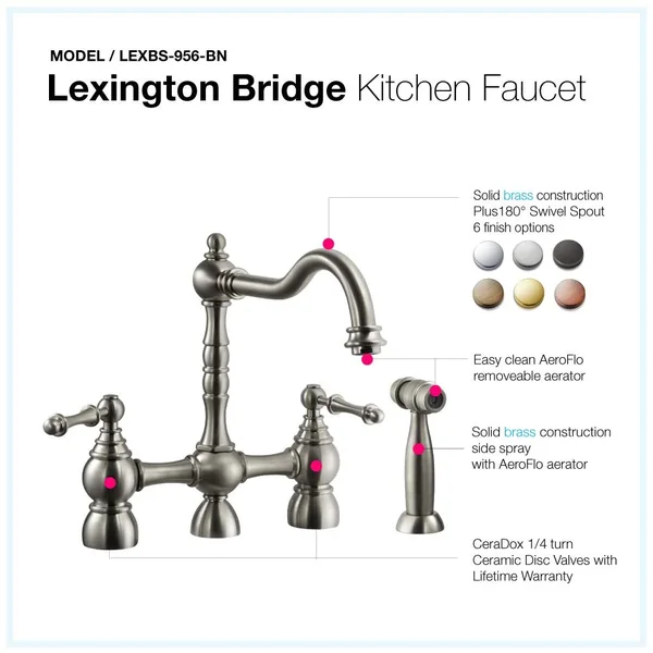 Houzer Lexington Traditional Bridge Kitchen Faucet with Sidespray and CeraDox Technology, Brushed Nickel (lexbs-956-bn)