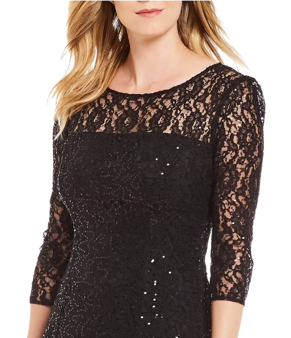 SL Fashions 3/4-Sleeve Sequin Lace Dress - Black