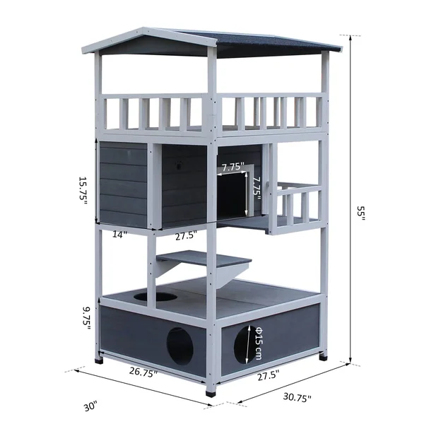 Pawhut Solid Wood 4-Floor Cat Condo Villa with Litter Box