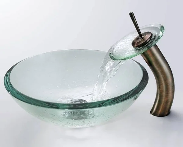 Kraus C-GV-101-19mm-10CH Clear 19mm Thick Glass Vessel Sink and Waterfall Faucet Chrome