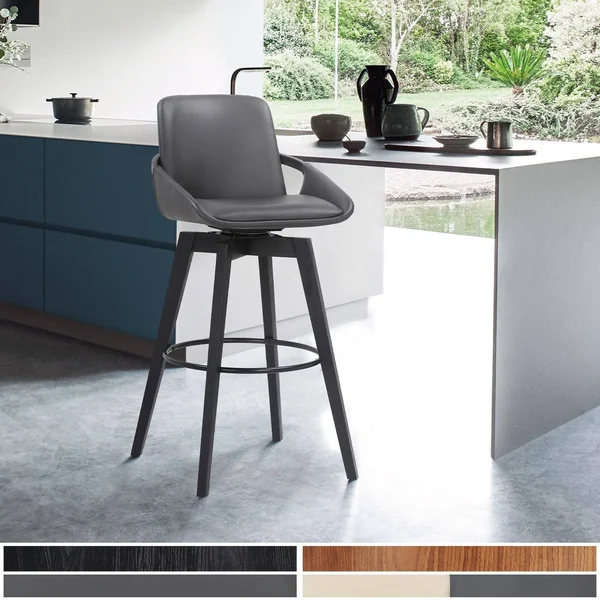 Baylor Swivel Wood Bar Stool in Faux Leather - Armen Living LCBABAWAGR30