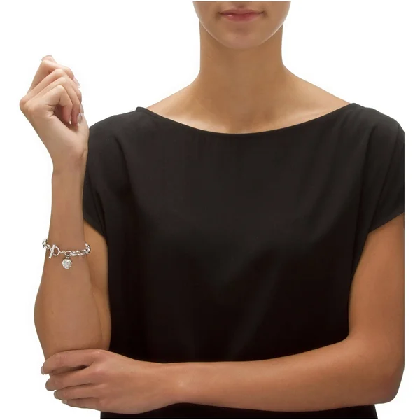 PalmBeach Jewelry Diamond Accent Oval-Link Heart Charm Bracelet Platinum-Plated 7 1/4x22 50608