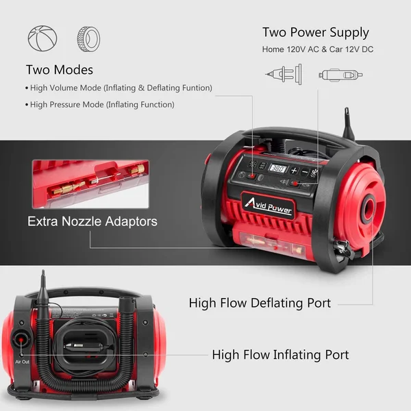 Avid Power Tire Inflator Air Compressor - 12V DC, 110V AC Dual Power Tire Pump