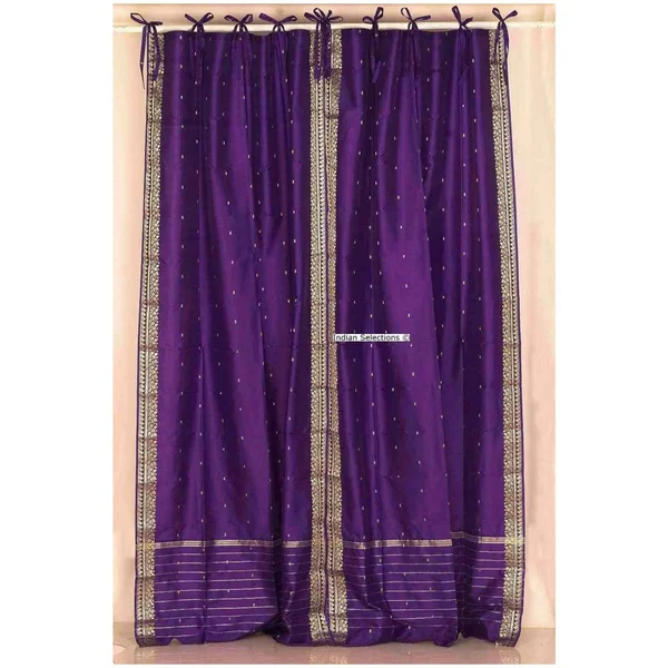 Purple Tie Top Sheer Sari Curtain - Drape, Panel - Pair