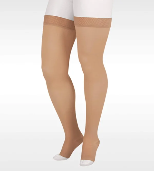 Juzo Soft 15-20 mmHg Open Toe Thigh High w/ Silicone Top Band, IV, Regular, Navy