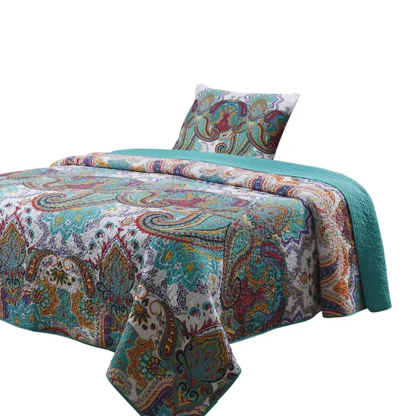 Benjara BM42333 Cotton Quilt Set with Paisley Print Teal Blue - Twin Size - 2 Piece