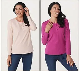 Denim & Co. Set of 2 Long Sleeve Stretch Henleys, Size X-Large, Winterberry