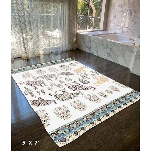 Elephant Paisley Procession 5x7 Dobby Rug with Non Skid Mat White Black Yellow - CARug65Dob_Mat