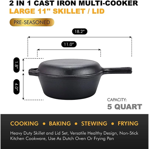 2-in-1 Cast Iron Multi-Cooker – Heavy Duty Skillet and Lid Set, Versatile Healthy Design, Non-Stick Kitchen Cookware